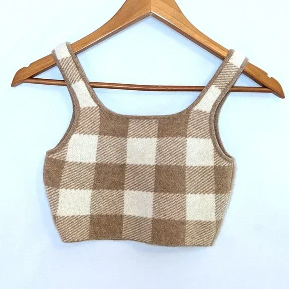 Reformation | Cashmere Fonte Plaid Cropped Tank Top Cream & Tan Gingham | Small - Picture 9 of 11